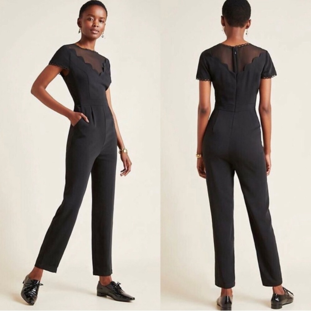 Harlyn Adeline anthro black sheer scalloped jumpsuit